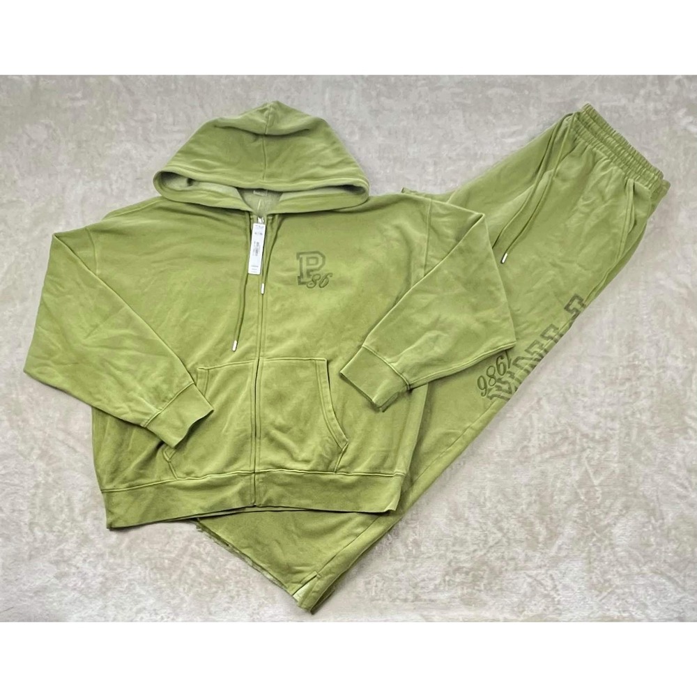 Victoria's Secret PINK Ivy Fleece Zip Hoodie & Wide Leg Sweatpants Set Green XL